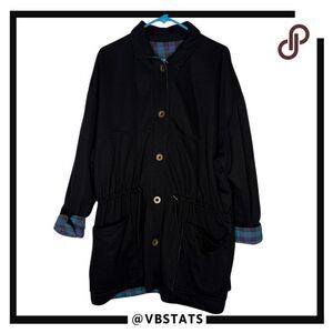 Black Utility Jacket with Plaid Trim - Women's Drawstring Coat